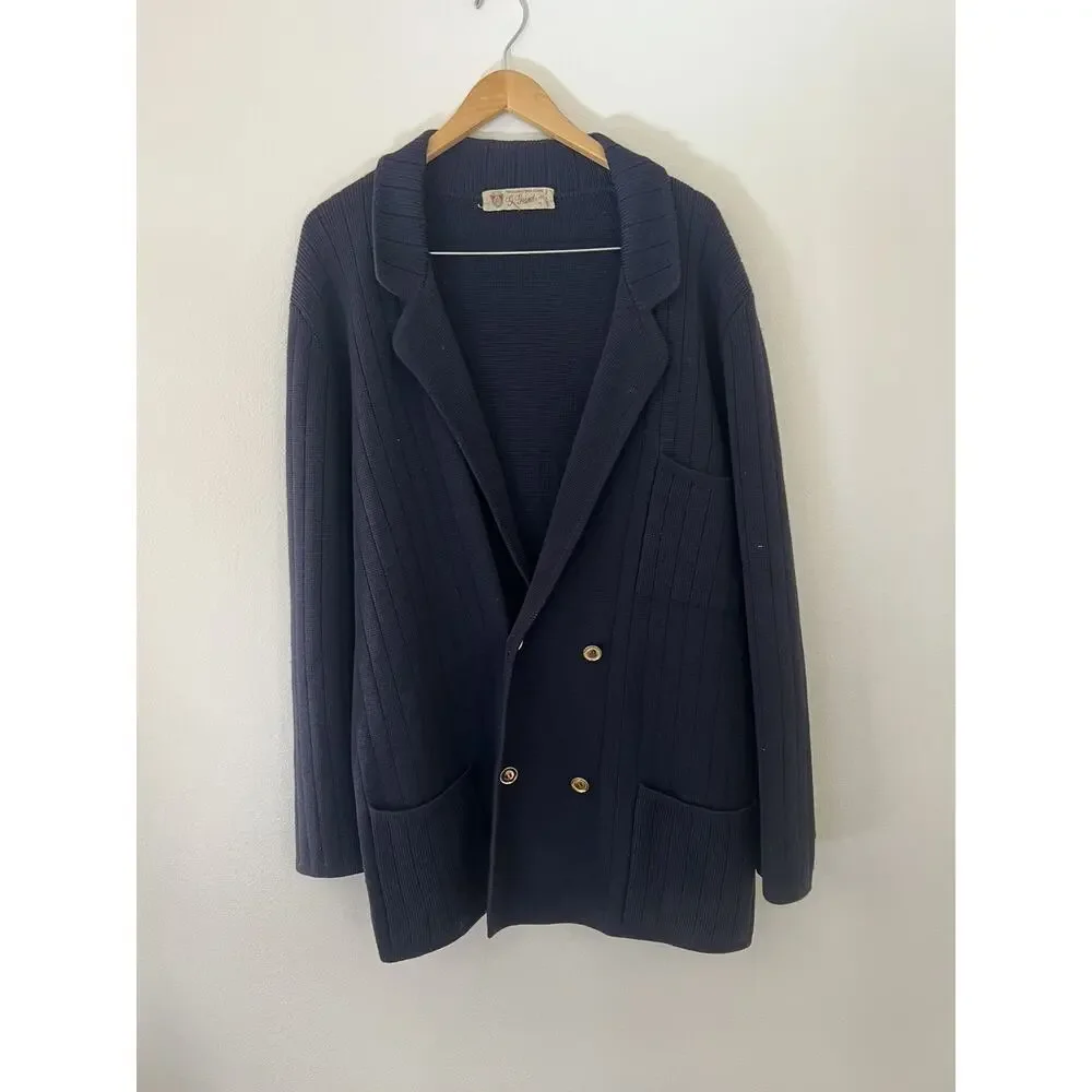 Vintage Navy Blue GUCCI Wool Double Breasted Knit Men Cardigan Sweater 50s 60's